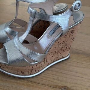 Prada Metallic Silver Wedge Sandals